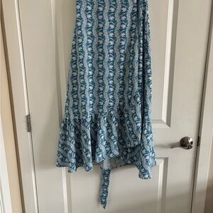Hill House Blue Wrap Midi Skirt with Asymmetrical Ruffles